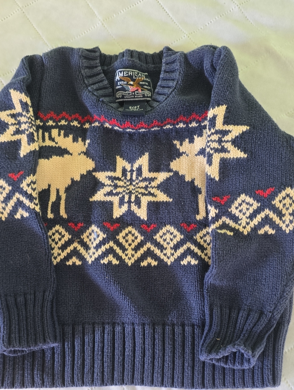 American Living Navy Crewneck Moose Fair Isle Sweater with Cream and Red Accents